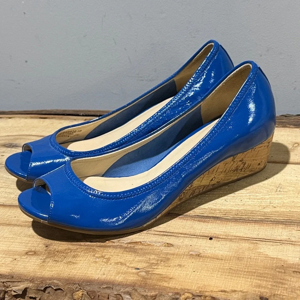 Cole Haan Nike Air Blue Patent Leather Peep‎ Toe Cork Wedges Sz 6B A34
